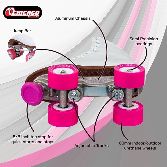 CHICAGO Skates Premium White and Pink Quad Roller Skates for Women - size 7 - Picture 3 of 12